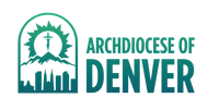 A green to blue gradient logo of the Cathedral Basilica in Denver Colorado with a mountain range, sun and Jesus on the cross